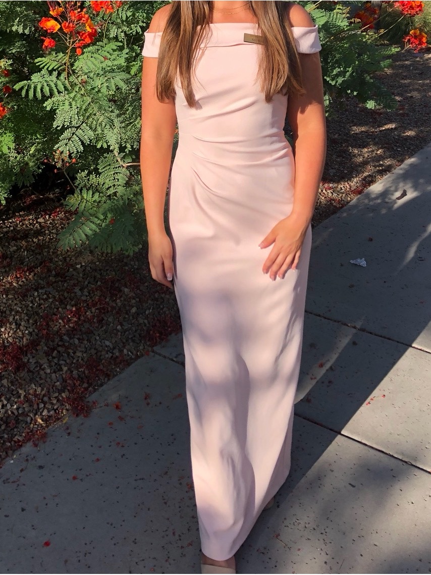 David's Bridal Pale Blush Off-Shoulder Maxi Dress